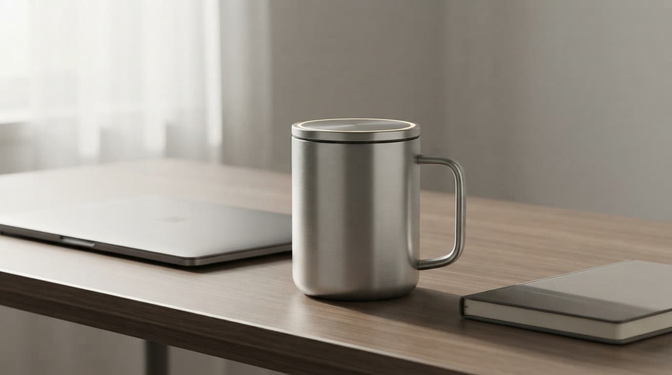 AURA mug on a desk beside a laptop