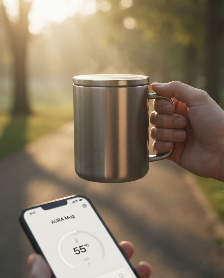 Hand holding AURA mug next to a phone showing the app