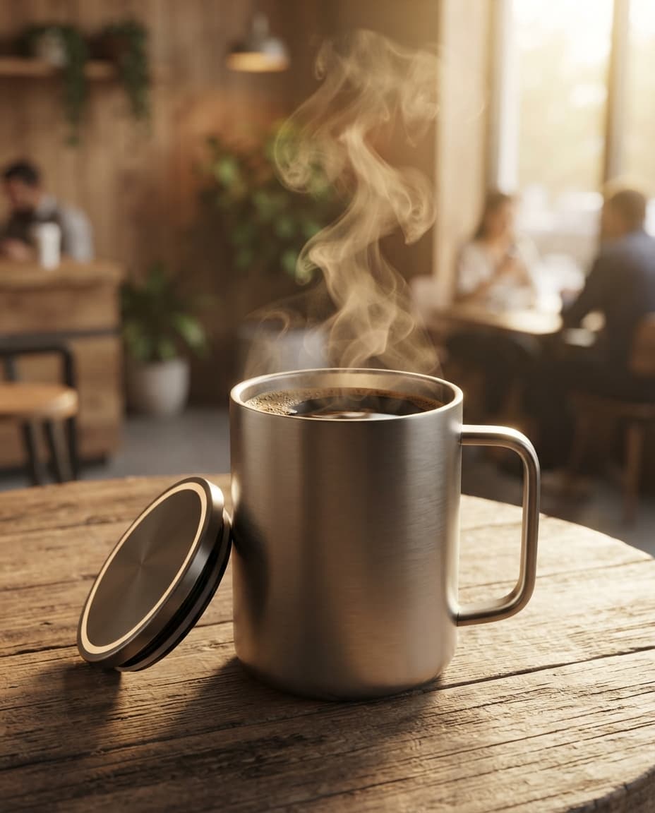 Steaming coffee in an AURA mug at a cafe