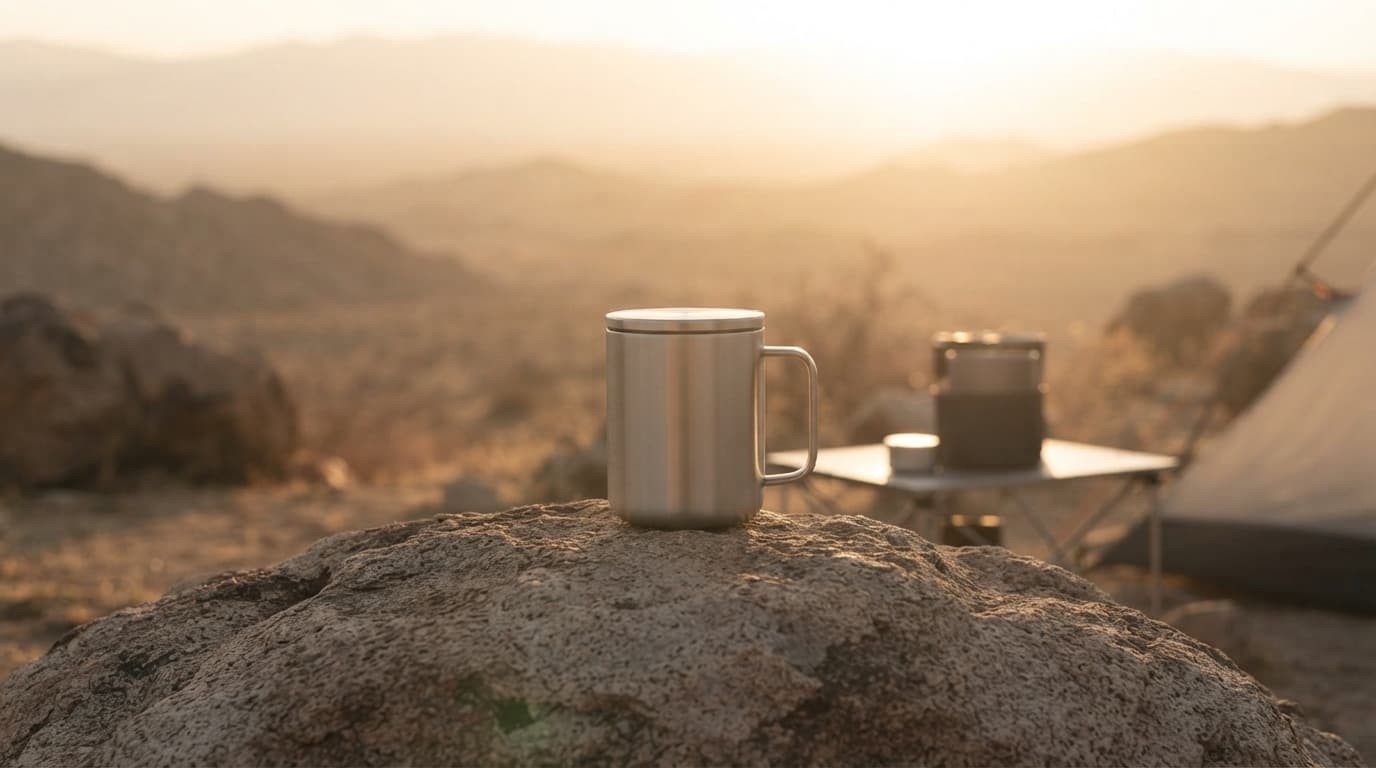 AURA mug resting on a rock at a desert camp at sunrise