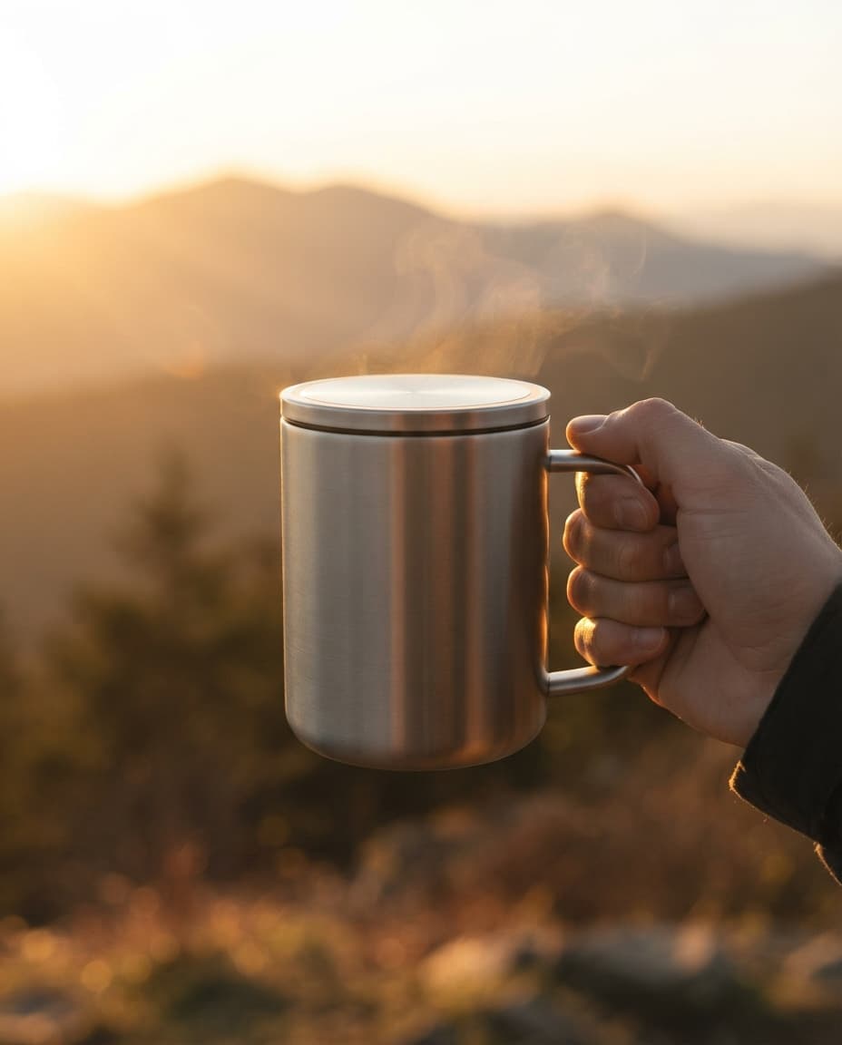 AURA Steel mug held at sunrise